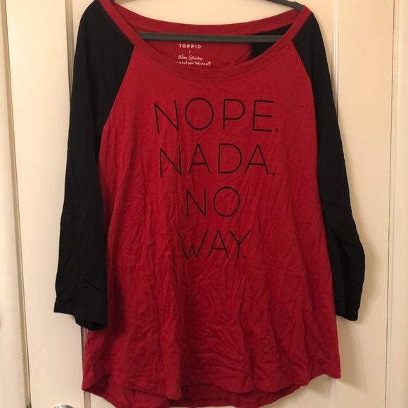 Torrid Women’s Raglan Round Neck Tee Nope Nada No Way Red Black Plus 2X - Picture 2 of 6